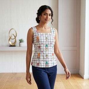 Embroidered Sleeveless Top Square Neck Grid Pattern White Multi Color Sz S-M